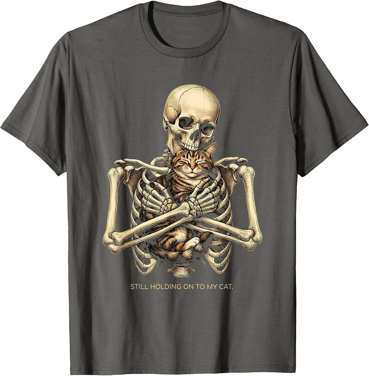 Men's Still Holding On To My Cat Funny Skeleton Hugging Cat T-Shirt - Asphalt Grey