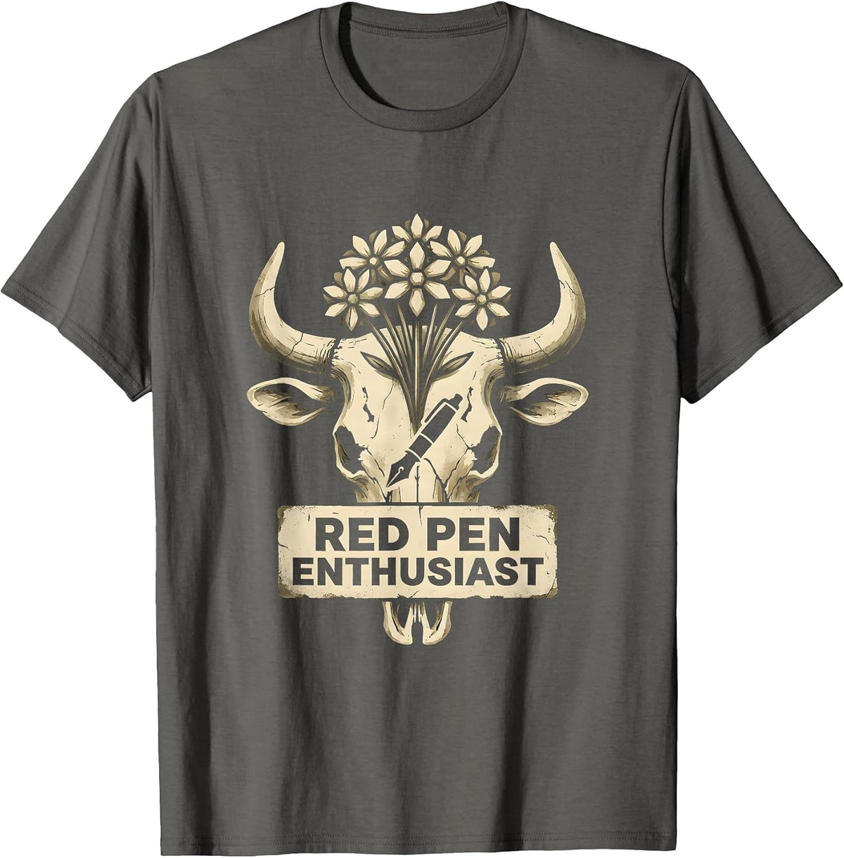 Men's Red Pen Enthusiast English Teacher Design T-Shirt - Asphalt Grey