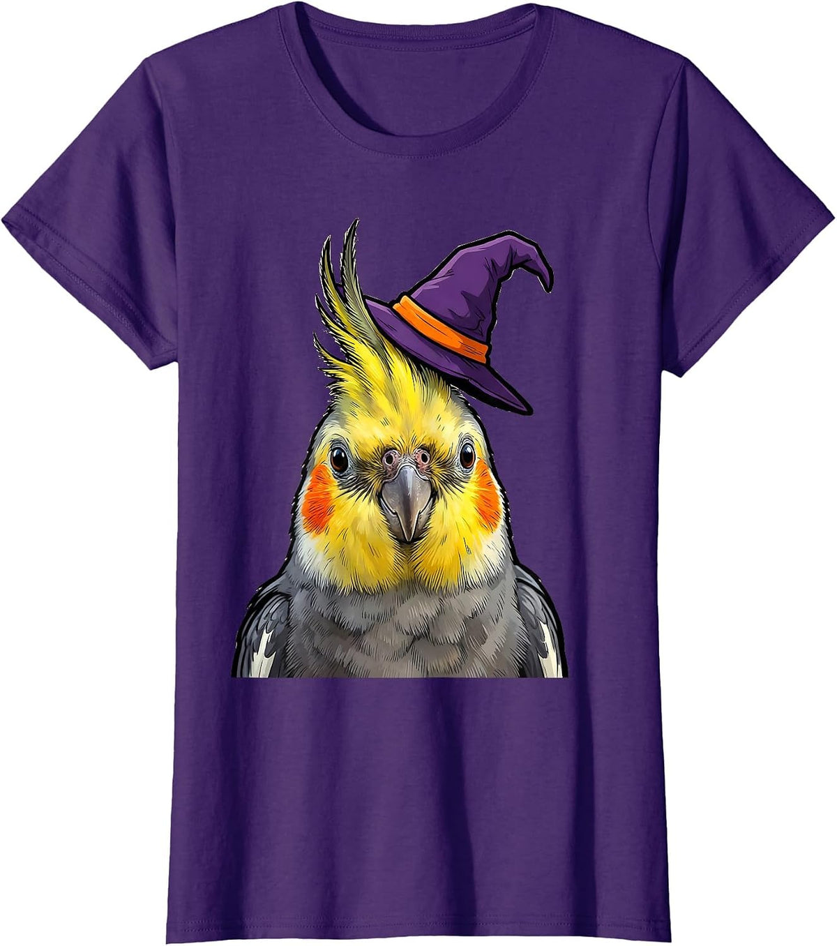 Women's Cartoon Cockatiel Witch Hat Halloween Bird Costume Humor T-Shirt - Purple