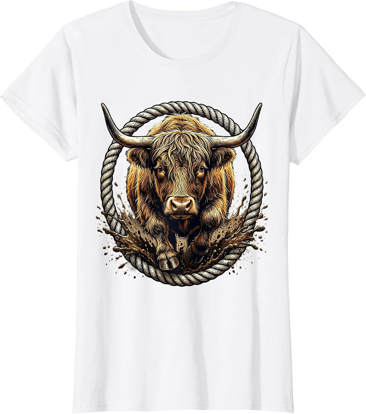 Highland Cow Charging Through Mud Graphic T-Shirt - White