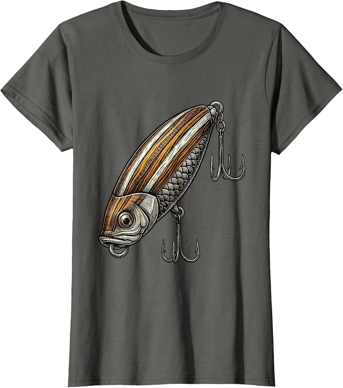 Women's Vintage Fishing Lure Treble Hook Illustration T-Shirt - Asphalt Grey