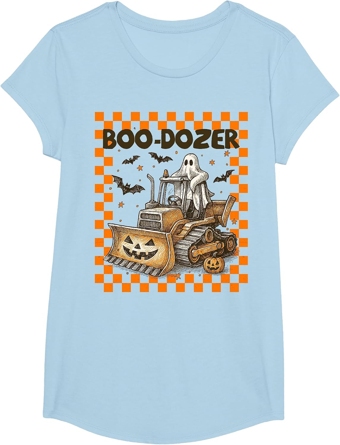 Bulldozer Halloween Boo Dozer Construction Truck Boy Kids T-Shirt - Girls Baby Blue