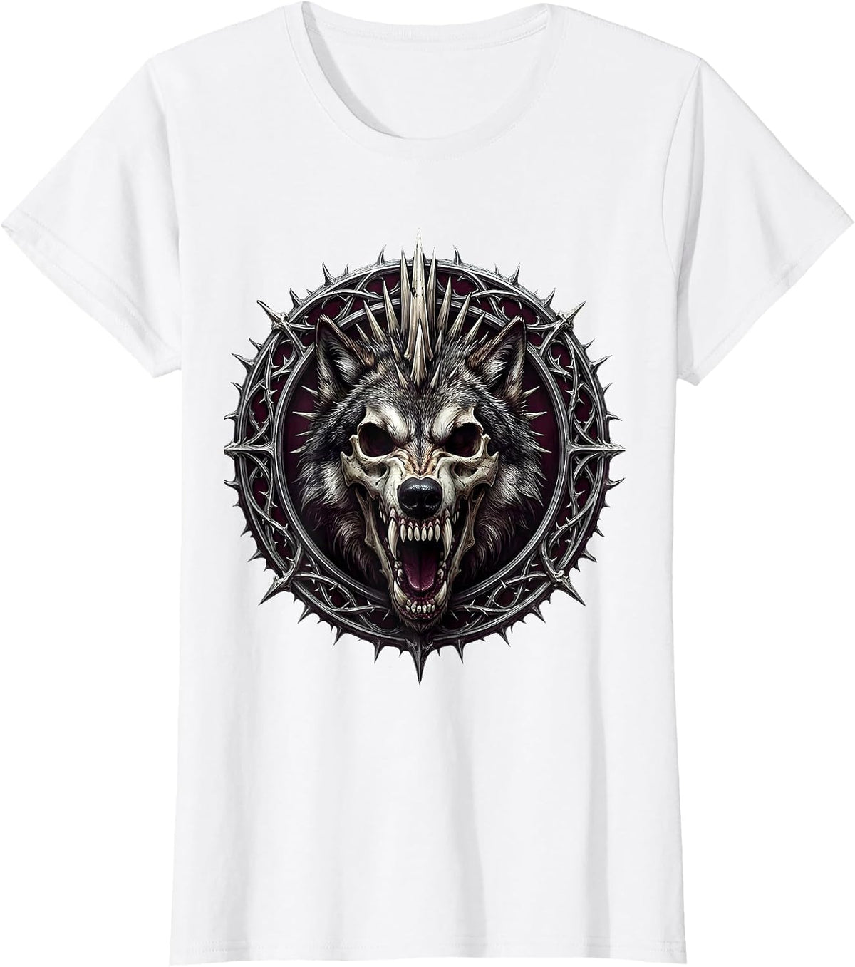 Women's Grunge Wolf Skull Mohawk Snarl Graphic T-Shirt - White