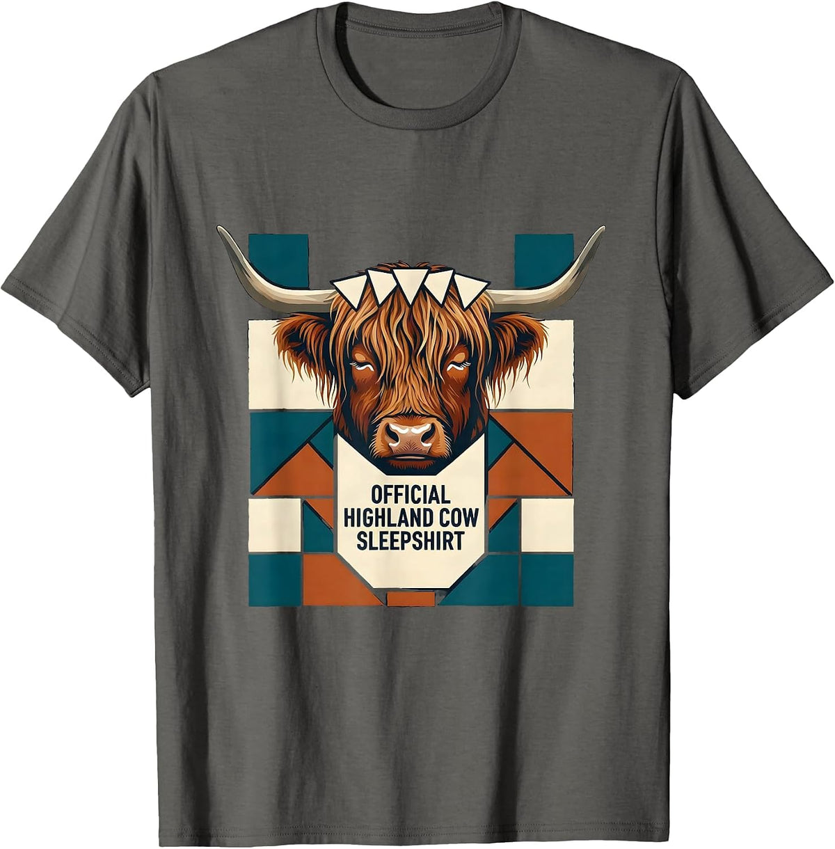 Men's Official Highland Cow Sleepshirt Cozy Quilt Block Patchwork T-Shirt - Asphalt Grey