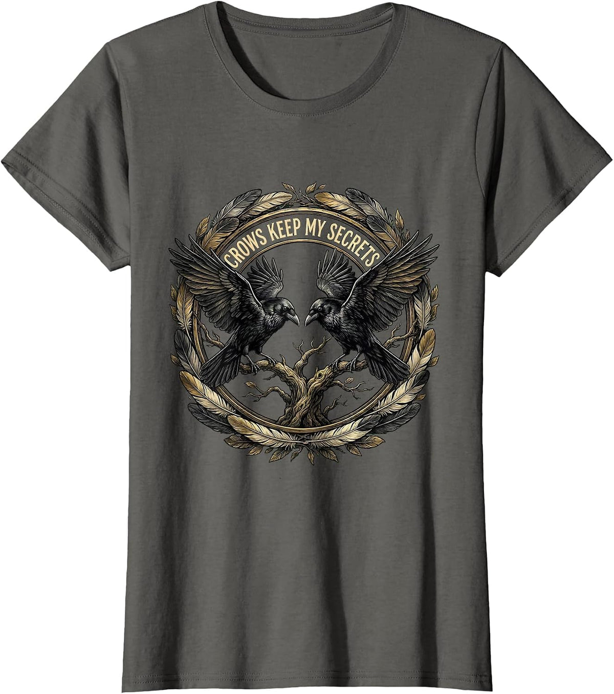Women's Crows Keep My Secrets Mystic Bird Design T-Shirt - Asphalt Grey