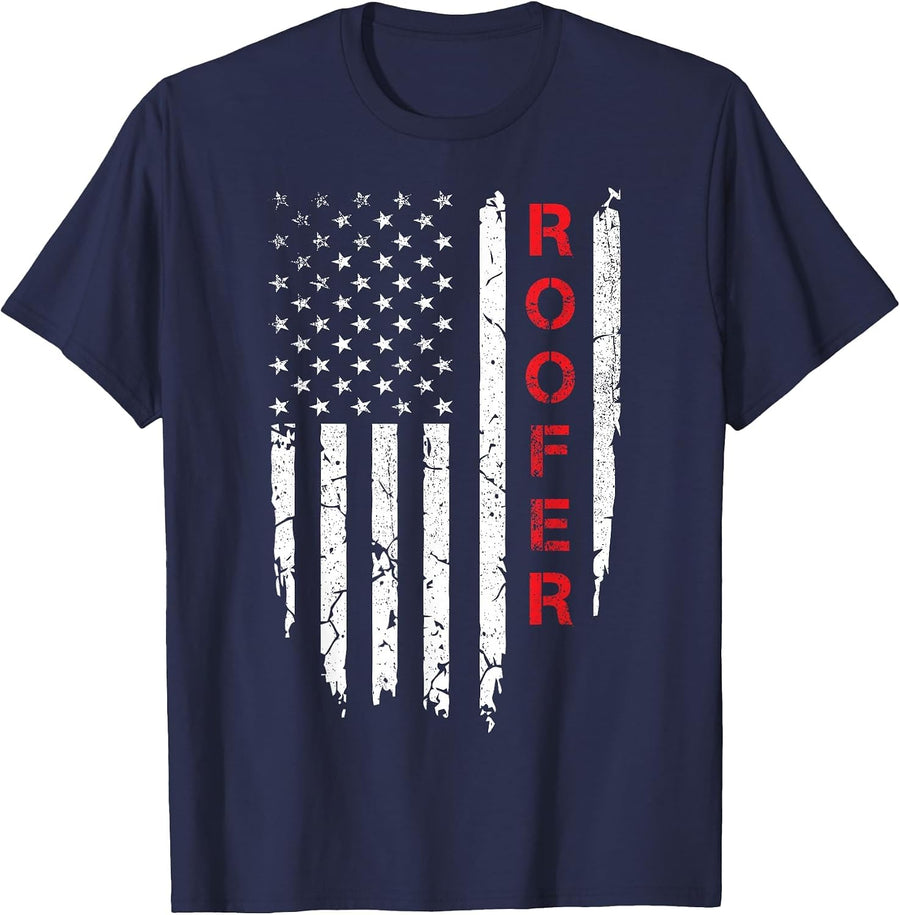 Roofer American Flag Vintage 4th of July Patriotic Roofing T-Shirt - Navy Blue