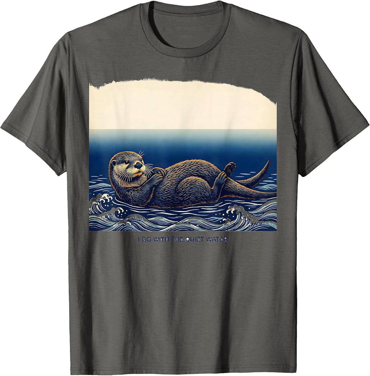 Men's I Go With The Quiet Water Ukiyo-e Otter Animal Lover Humor T-Shirt - Asphalt Grey