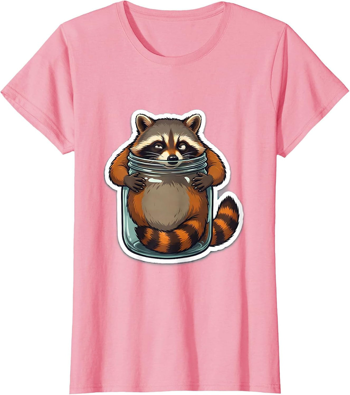 Women's Funny Raccoon Stuck in a Jar Illustration T-Shirt - Pink