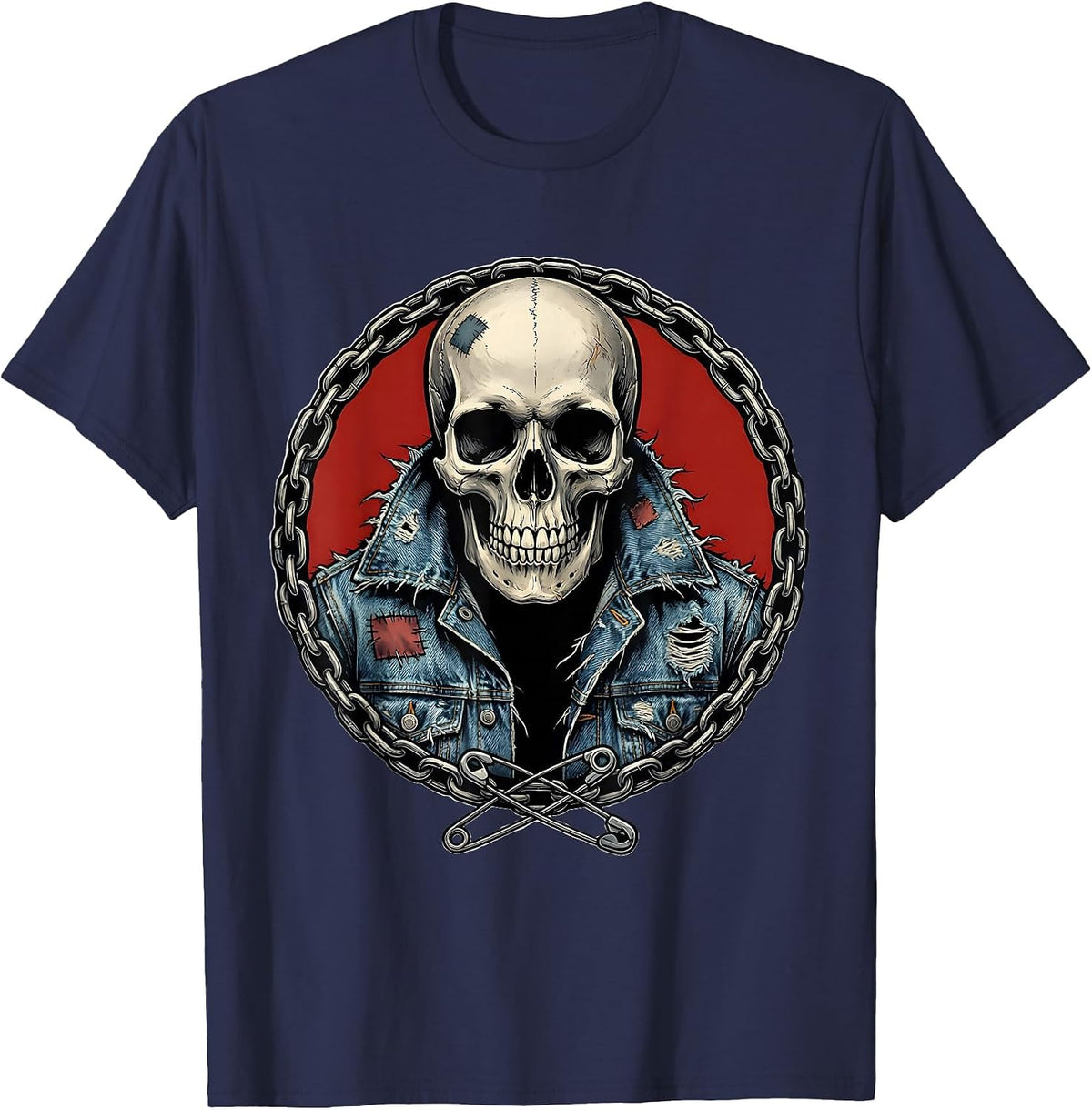Grunge Skull in Torn Denim Jacket Illustration T-Shirt - Navy Blue