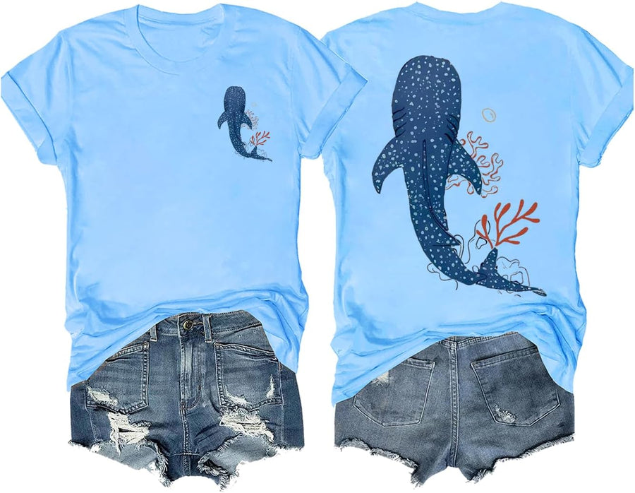Shark Shirt V Neck Whale Shark Shirt Women Whale Ocean T-Shirt - Crewneck Carolina Blue