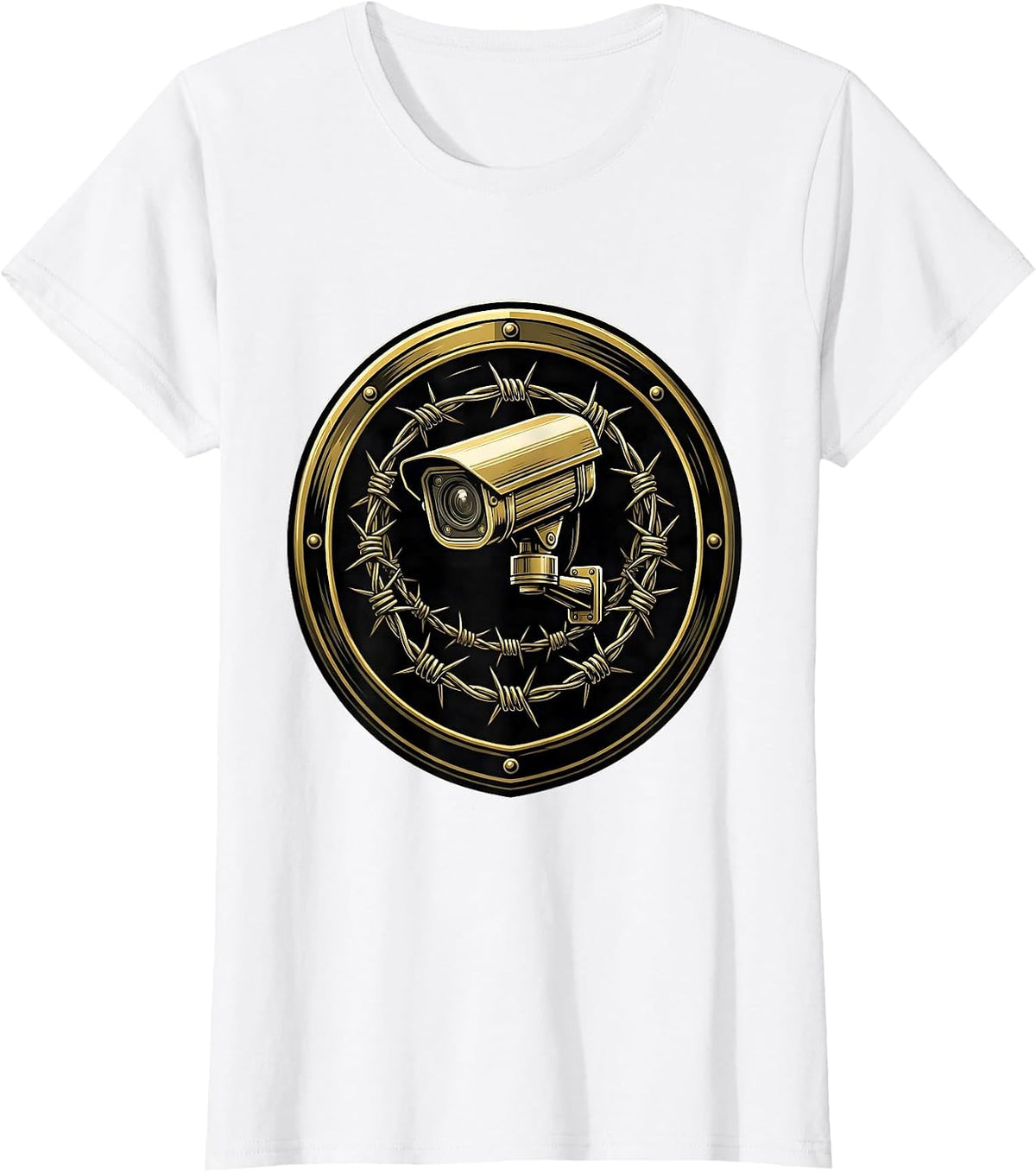 Surveillance Camera Barbed Wire Security Graphic T-Shirt - White