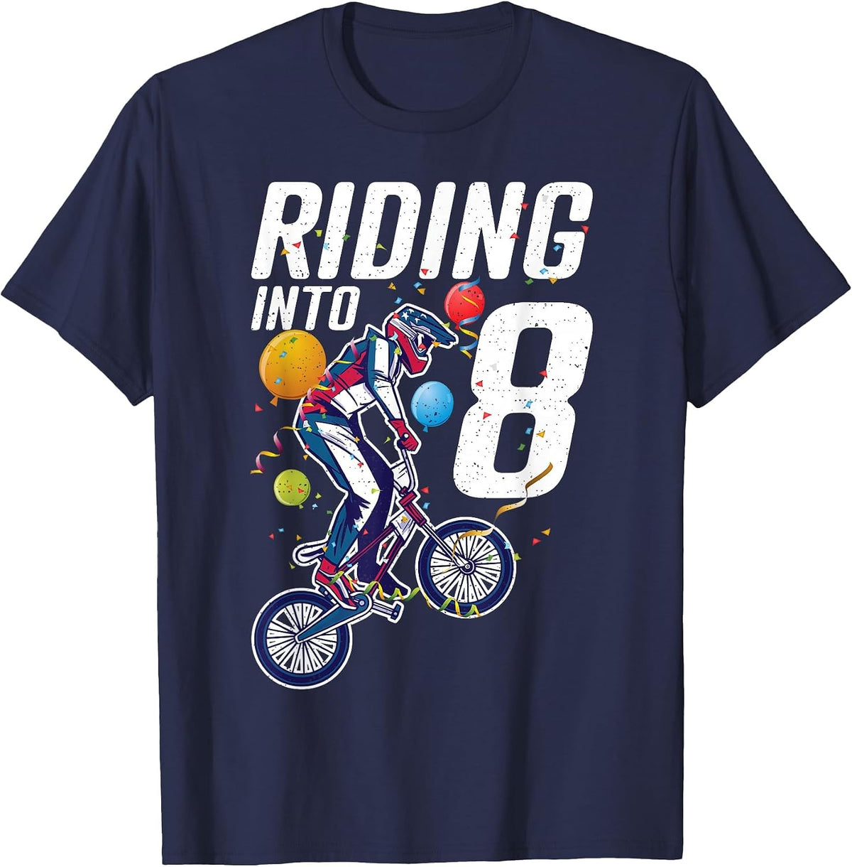 Riding into 8 Years BMX Bike 8 Birthday T-Shirt - Navy Blue