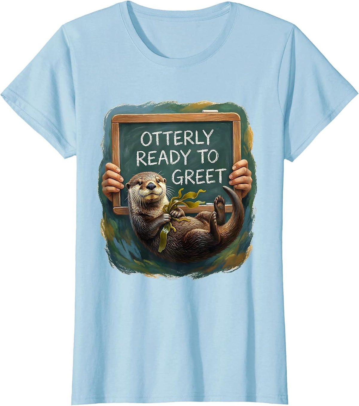 Otterly Ready To Greet Storybook Sea Otter Pun Humor T-Shirt - Baby Blue