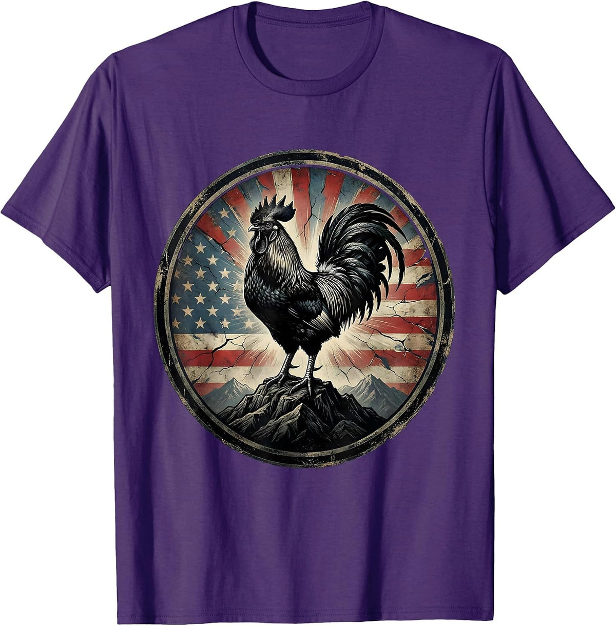 Men's Rooster on Mountain Peak Graphic Design T-Shirt - Purple