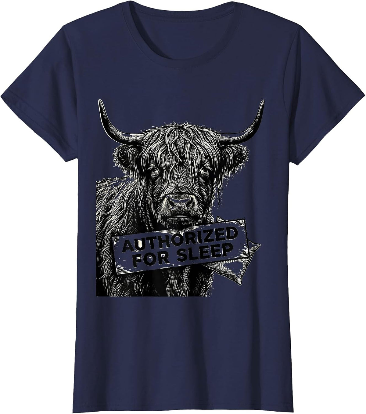 Women's Authorized For Sleep Scratchboard Highland Cow Attitude T-Shirt - Navy Blue