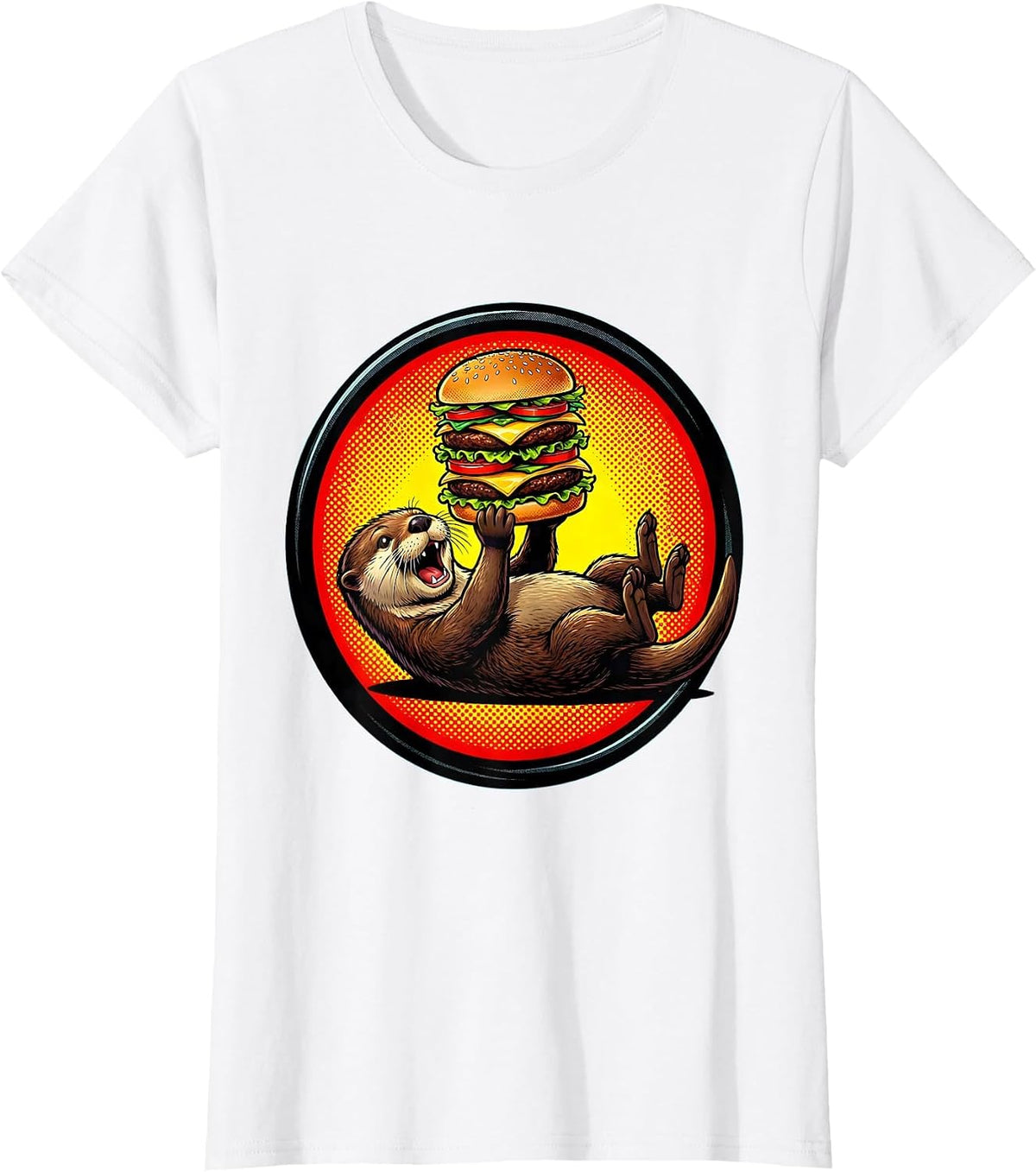 Women's Otter Floating and Eating Hamburger Funny Design T-Shirt - White