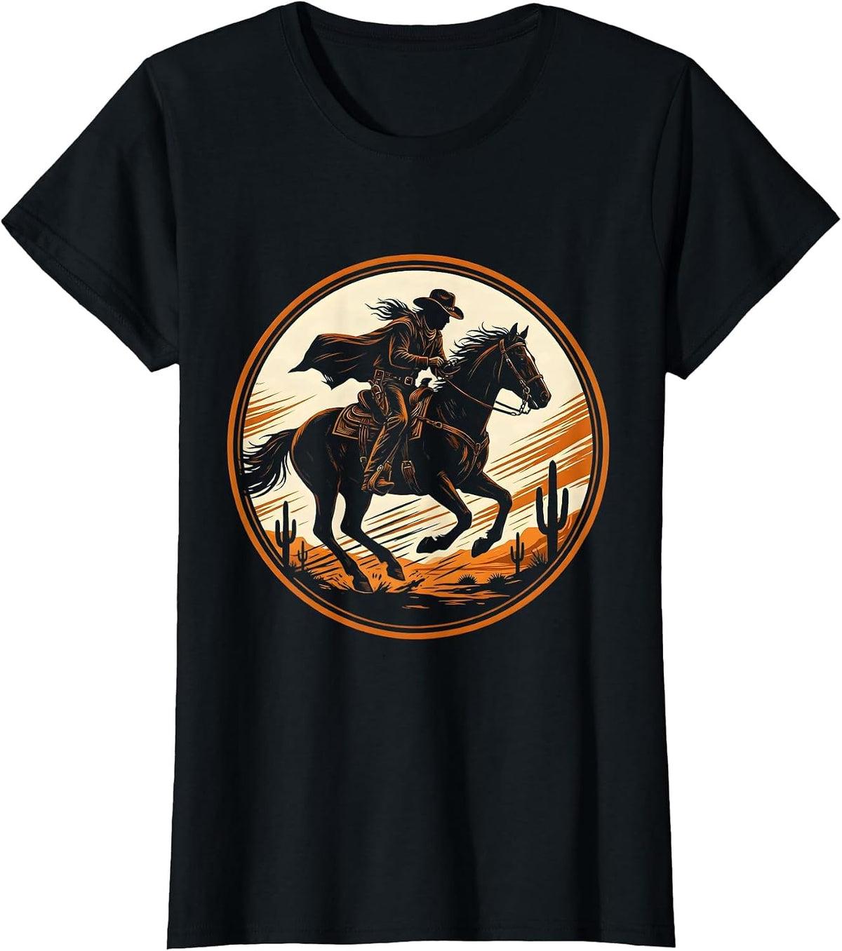 Women's Cowboy Riding Hard Through Desert Storm T-Shirt - Black