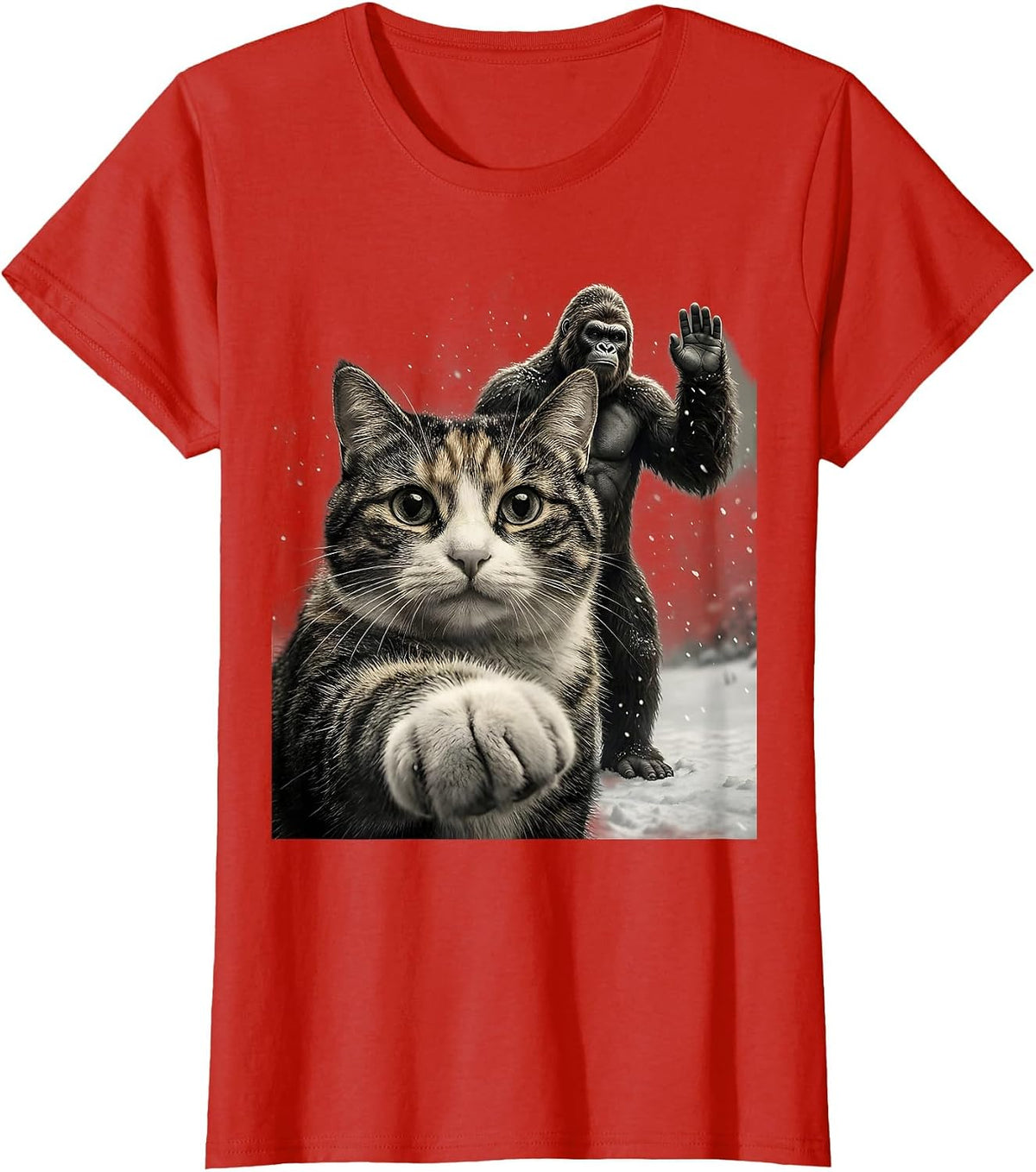 Women's Cute Cat Selfie With Sasquatch Funny Cryptid Meme T-Shirt - Red