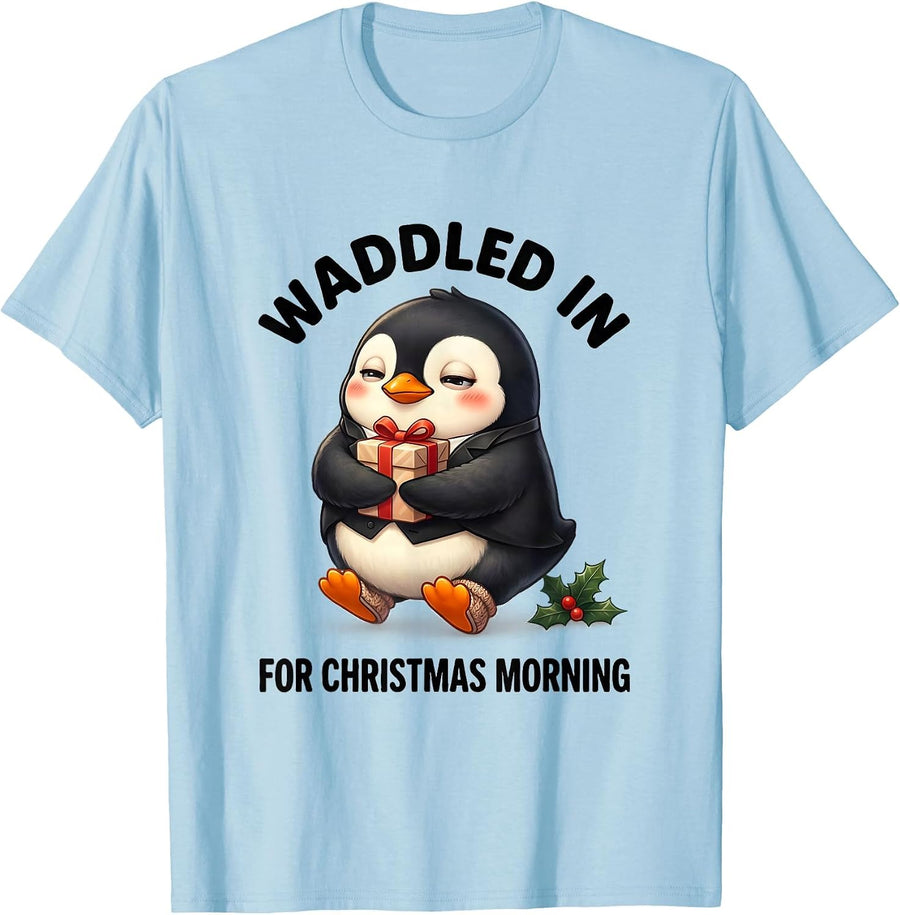 Men's Waddled In For Christmas Morning Cute Kawaii Penguin Lover T-Shirt - Baby Blue