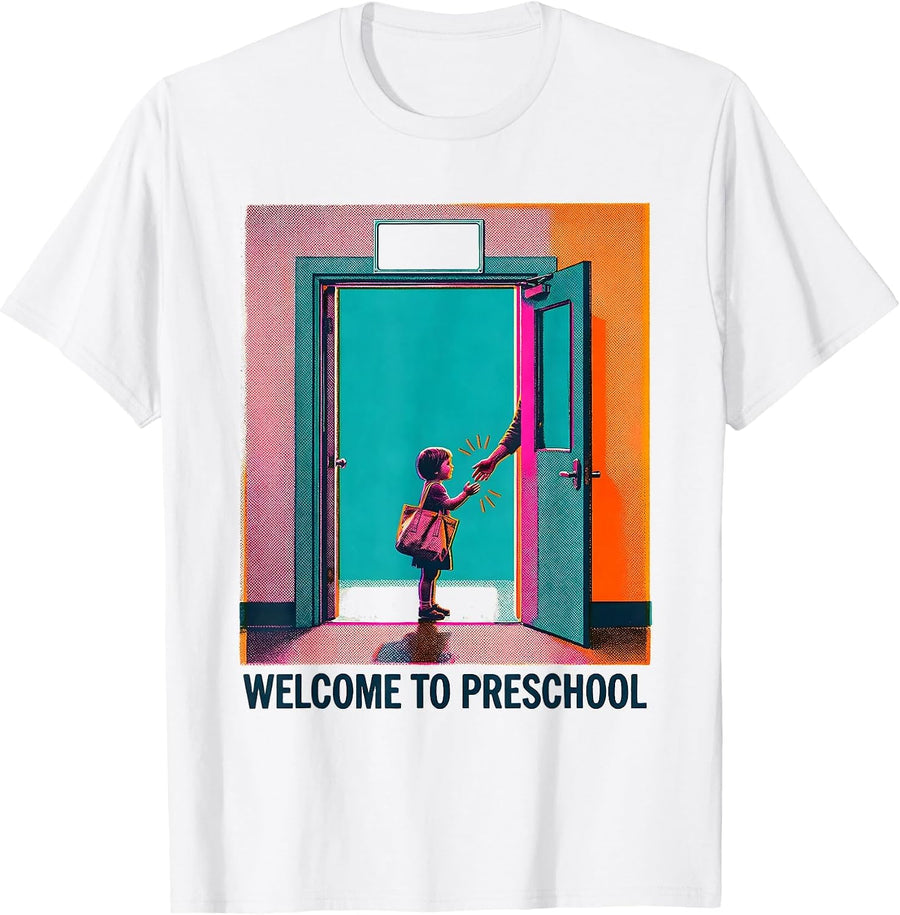 Men's Welcome To Preschool Risograph Playful Teacher Appreciation T-Shirt - White