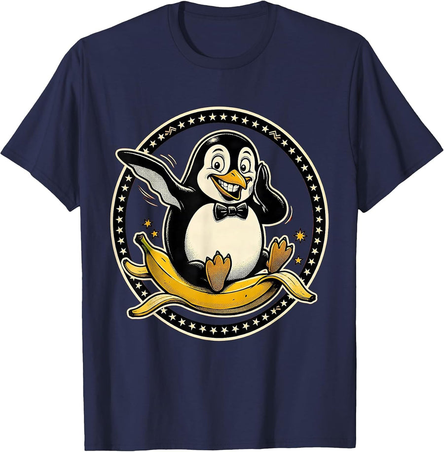 Graceful Penguin Banana Peel Slip Funny Graphic T-Shirt - Navy Blue