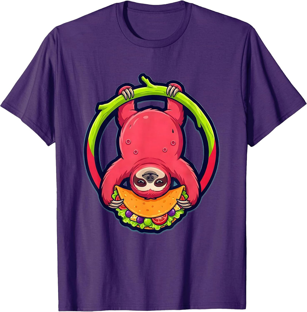 Men's Funny Upside Down Sloth Eating a Taco Graphic T-Shirt - Purple