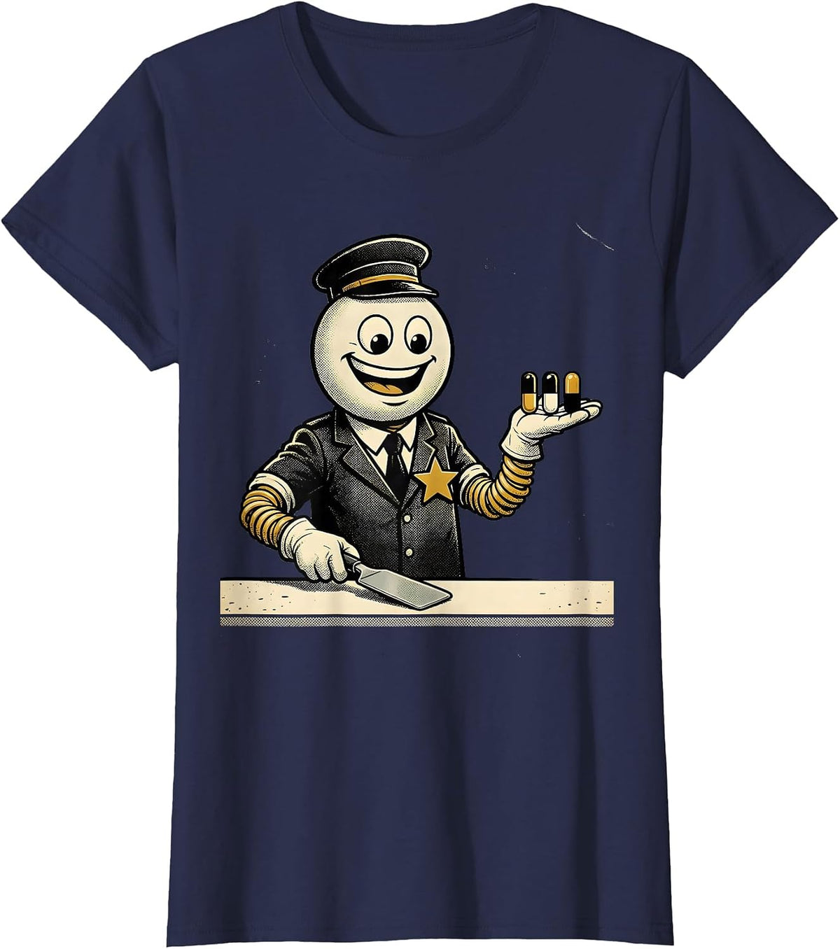 Women's Retro Cartoon Pharmacy Clerk Cute Pharmacy Tech Humor T-Shirt - Navy Blue
