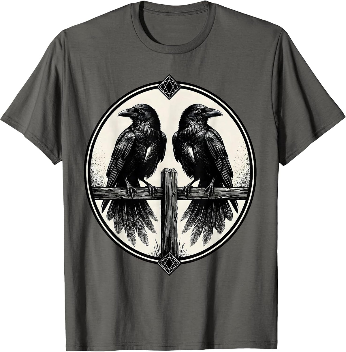 Two Crows on a Fence Post Illustration T-Shirt - Asphalt Grey