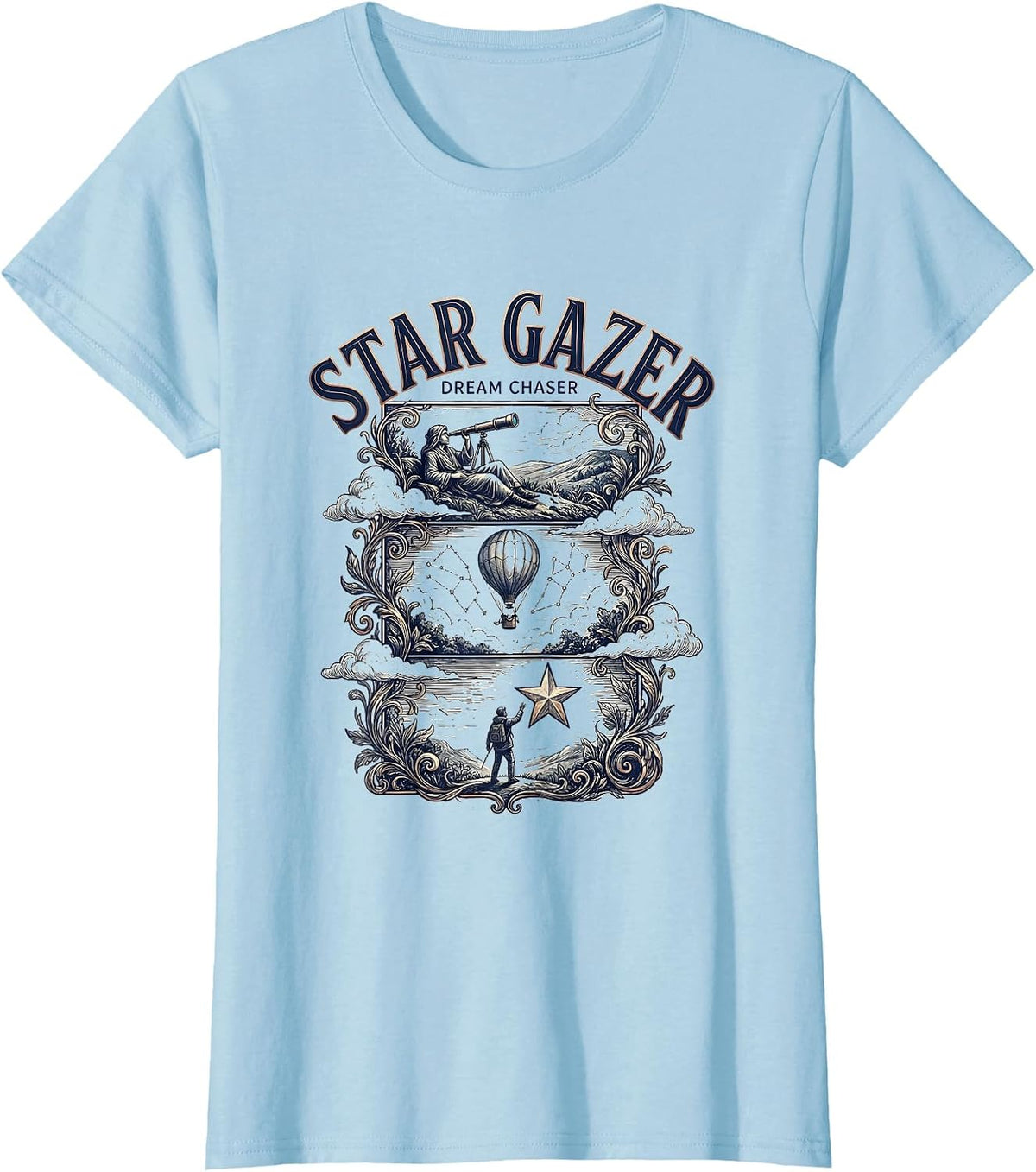 Women's Star Gazer Dream Chaser Celestial Design T-Shirt - Baby Blue