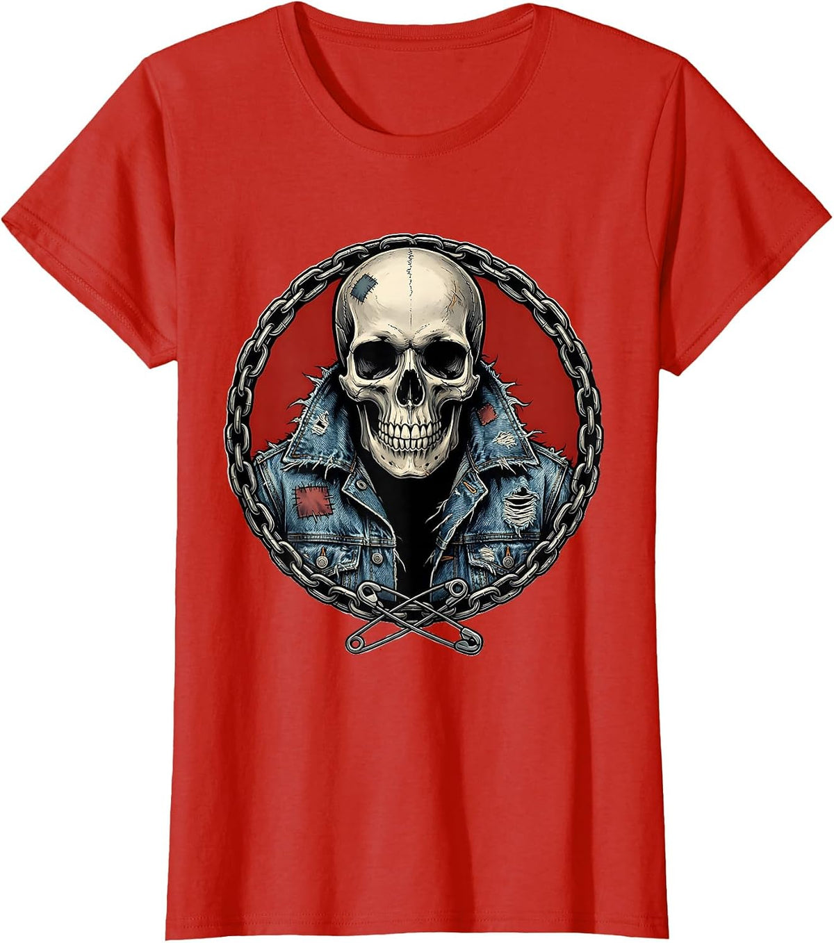 Grunge Skull in Torn Denim Jacket Illustration T-Shirt - Red