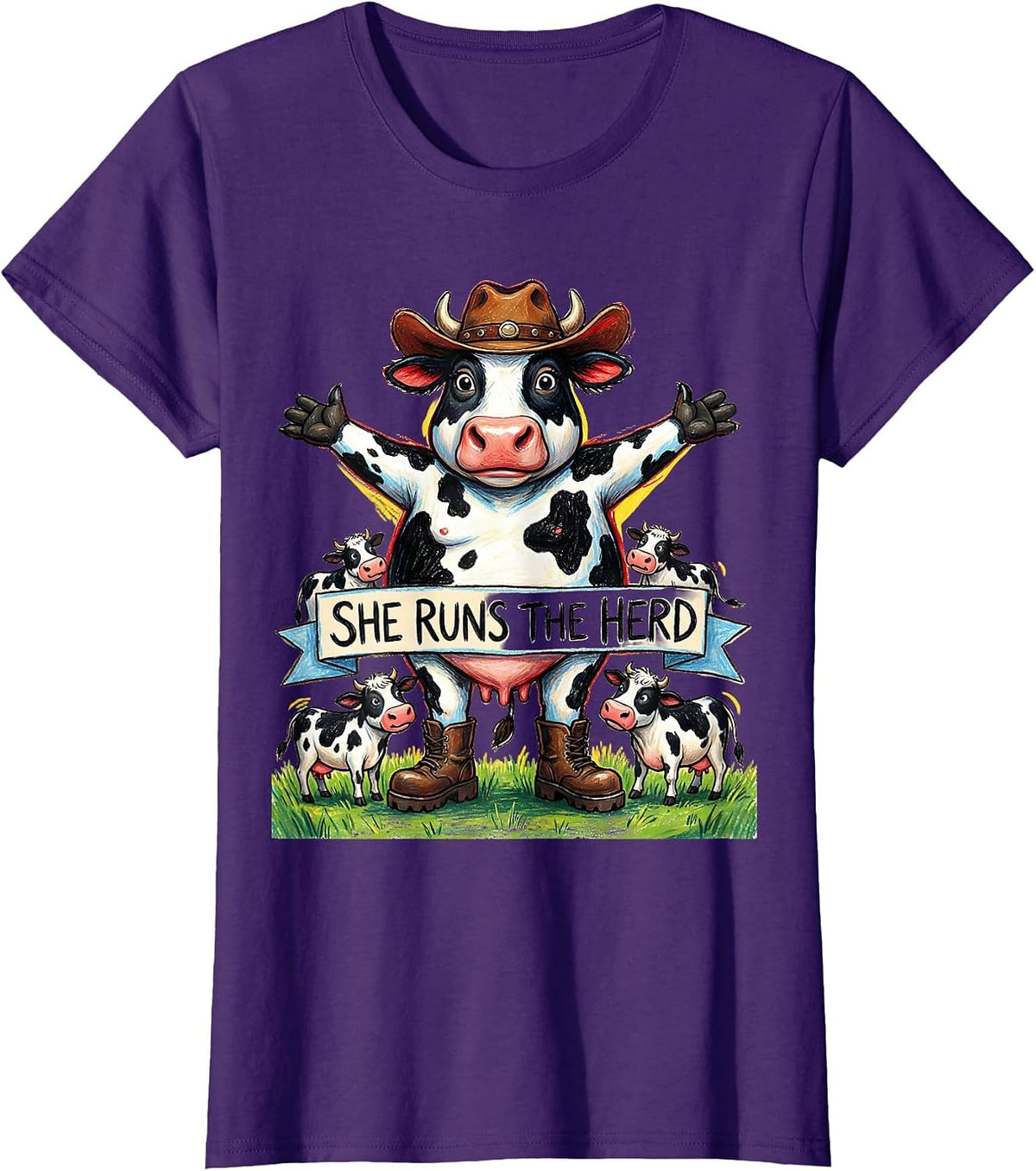 Women's She Runs The Herd Cow Lover Design T-Shirt - Purple
