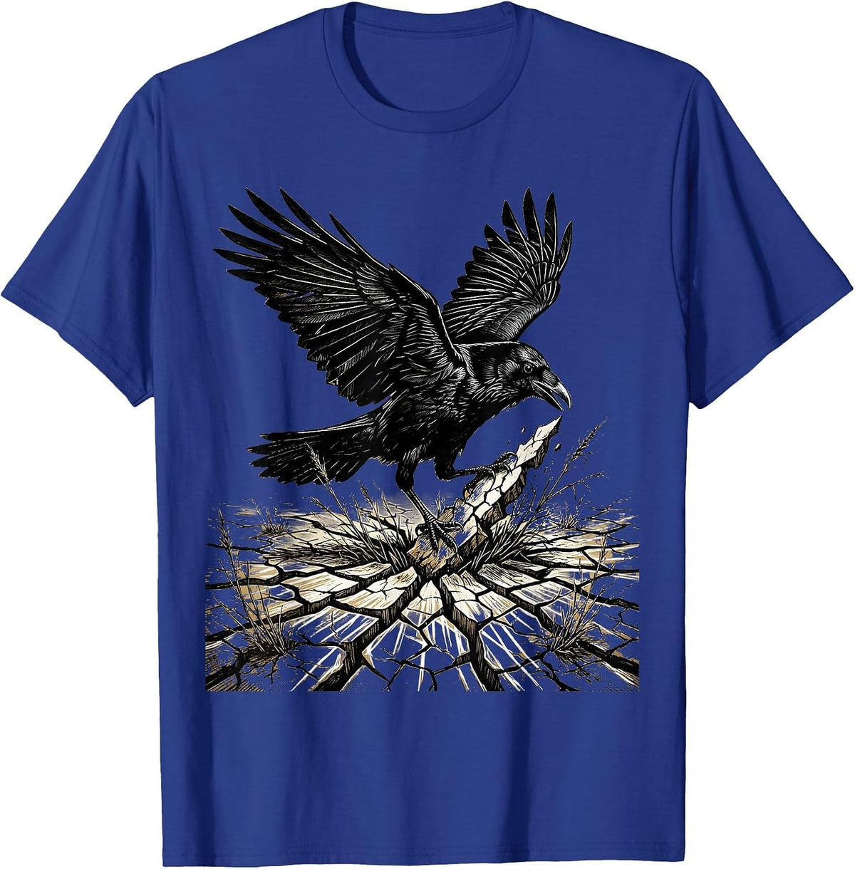 Crow Over Cracked Earth Dead Grass Illustration T-Shirt - Royal Blue