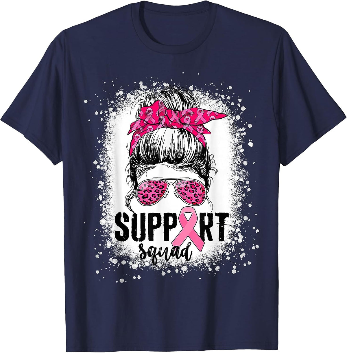 Support Squad Messy Bun Pink Warrior Breast Cancer Awareness T-Shirt - Navy Blue
