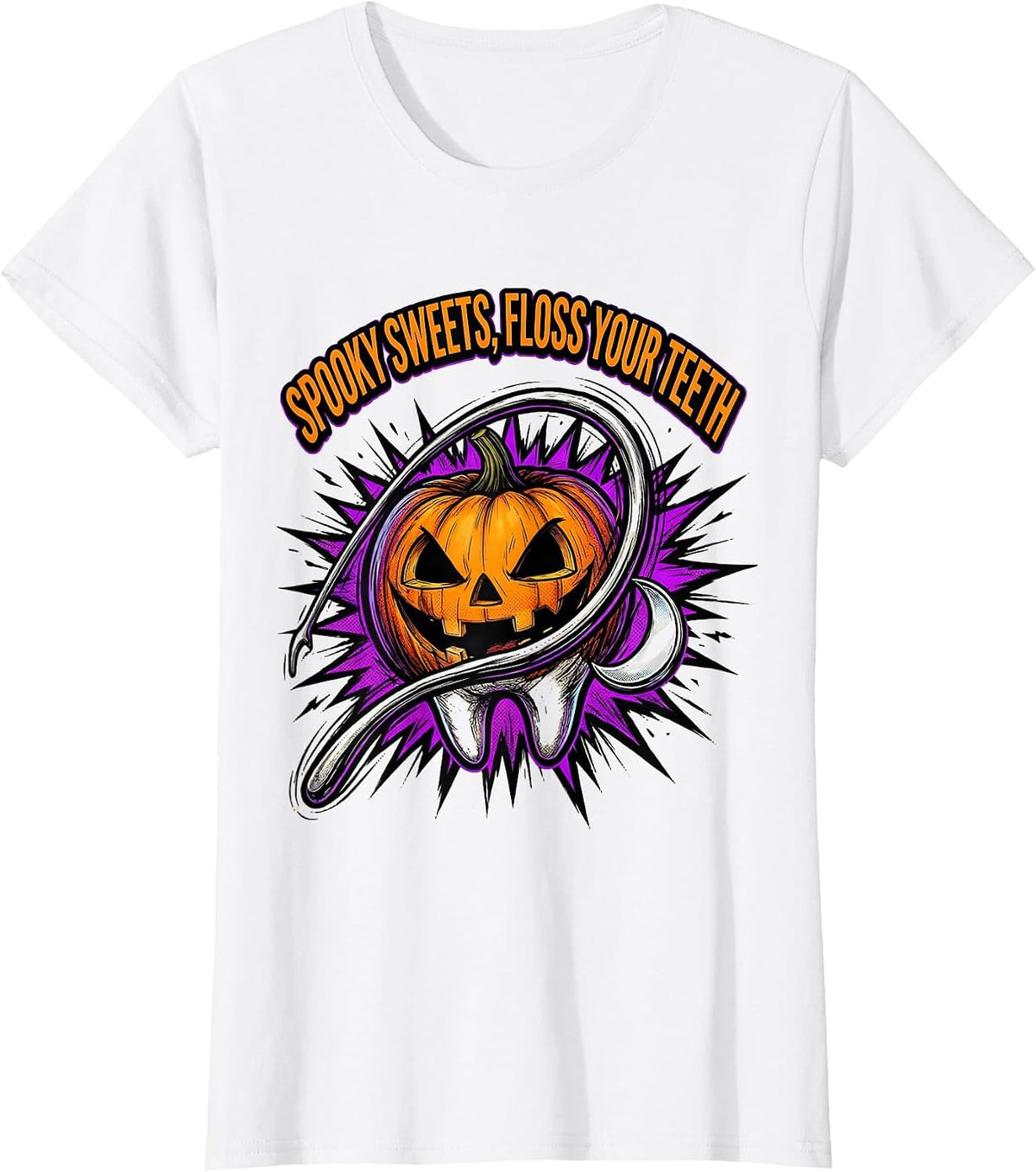 Spooky Sweets Floss Your Teeth Comic Book Dentist Halloween T-Shirt - White