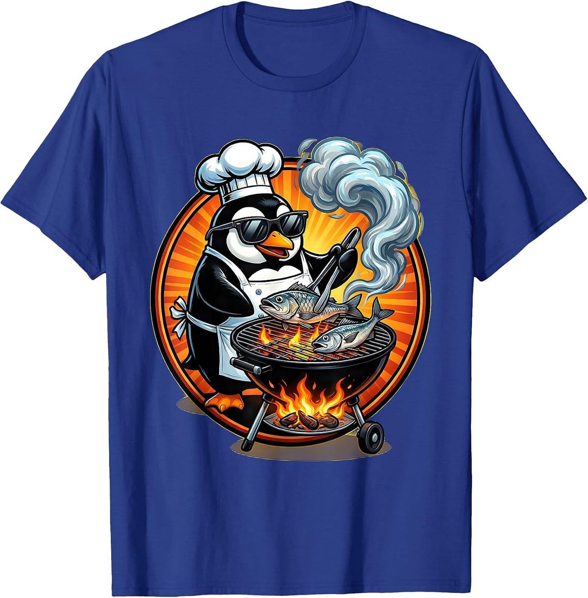 Men's Penguin Grilling Fish Summer BBQ Funny Design T-Shirt - Royal Blue