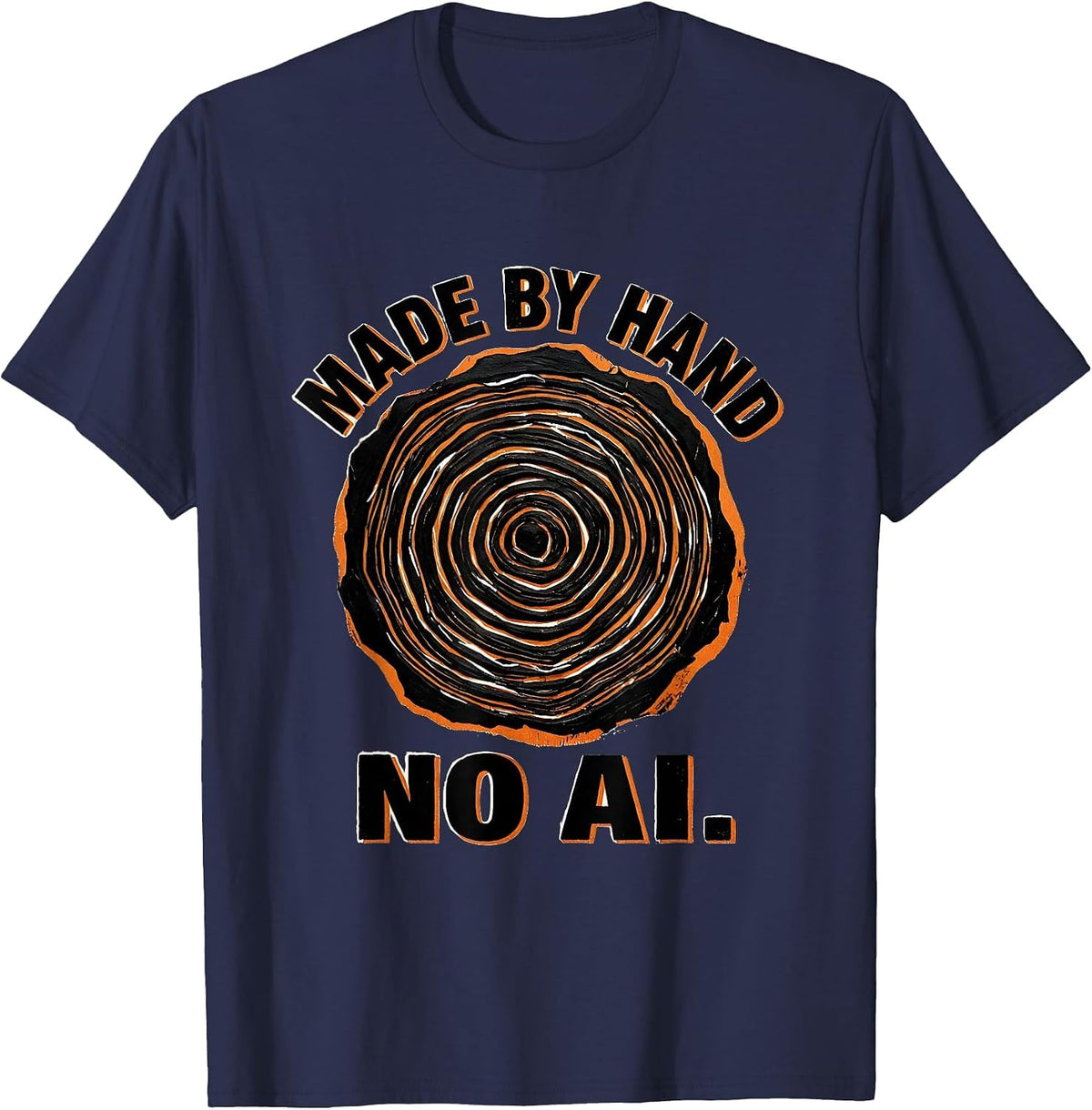 Made By Hand No AI Linocut Anti-AI Tech Worker Humor T-Shirt - Navy Blue