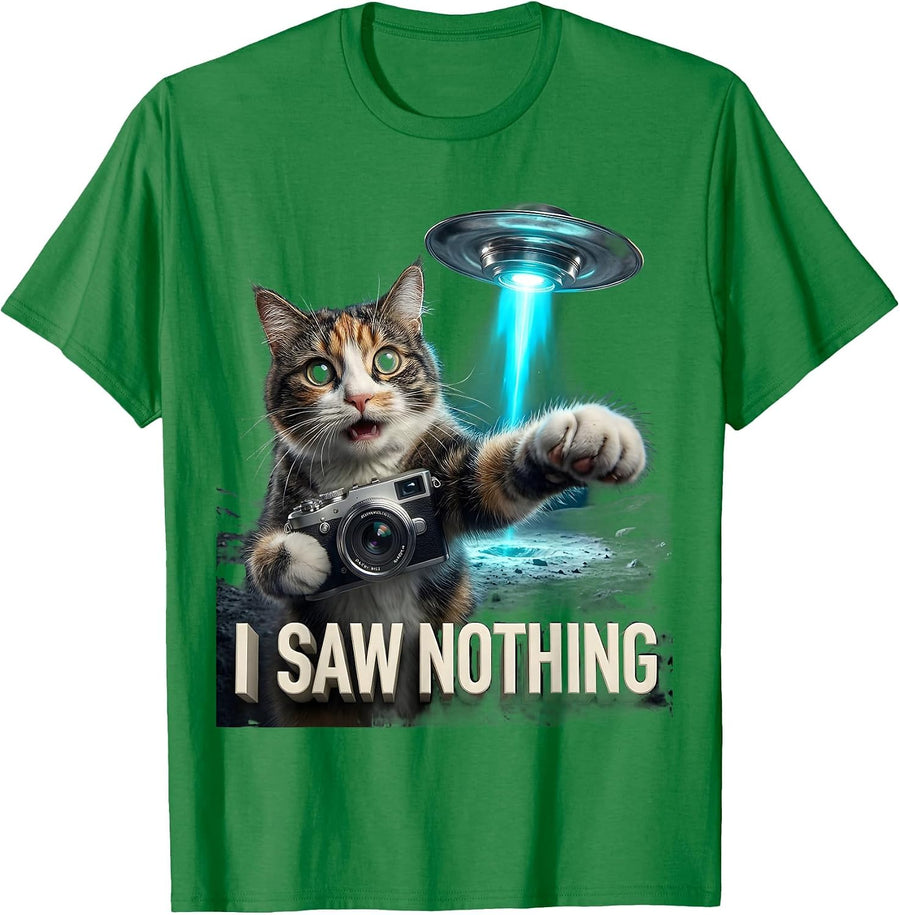 Men's I Saw Nothing Funny Cat UFO Abduction Selfie Novelty Gift T-Shirt - Kelly Green