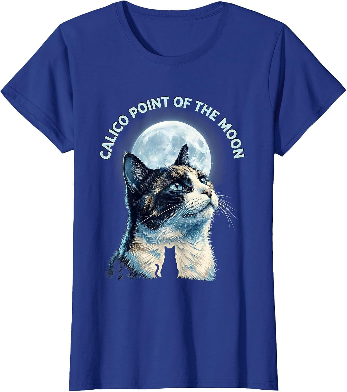 Women's Calico Point Of The Moon Funny Cat Lover 90s Retro T-Shirt - Royal Blue
