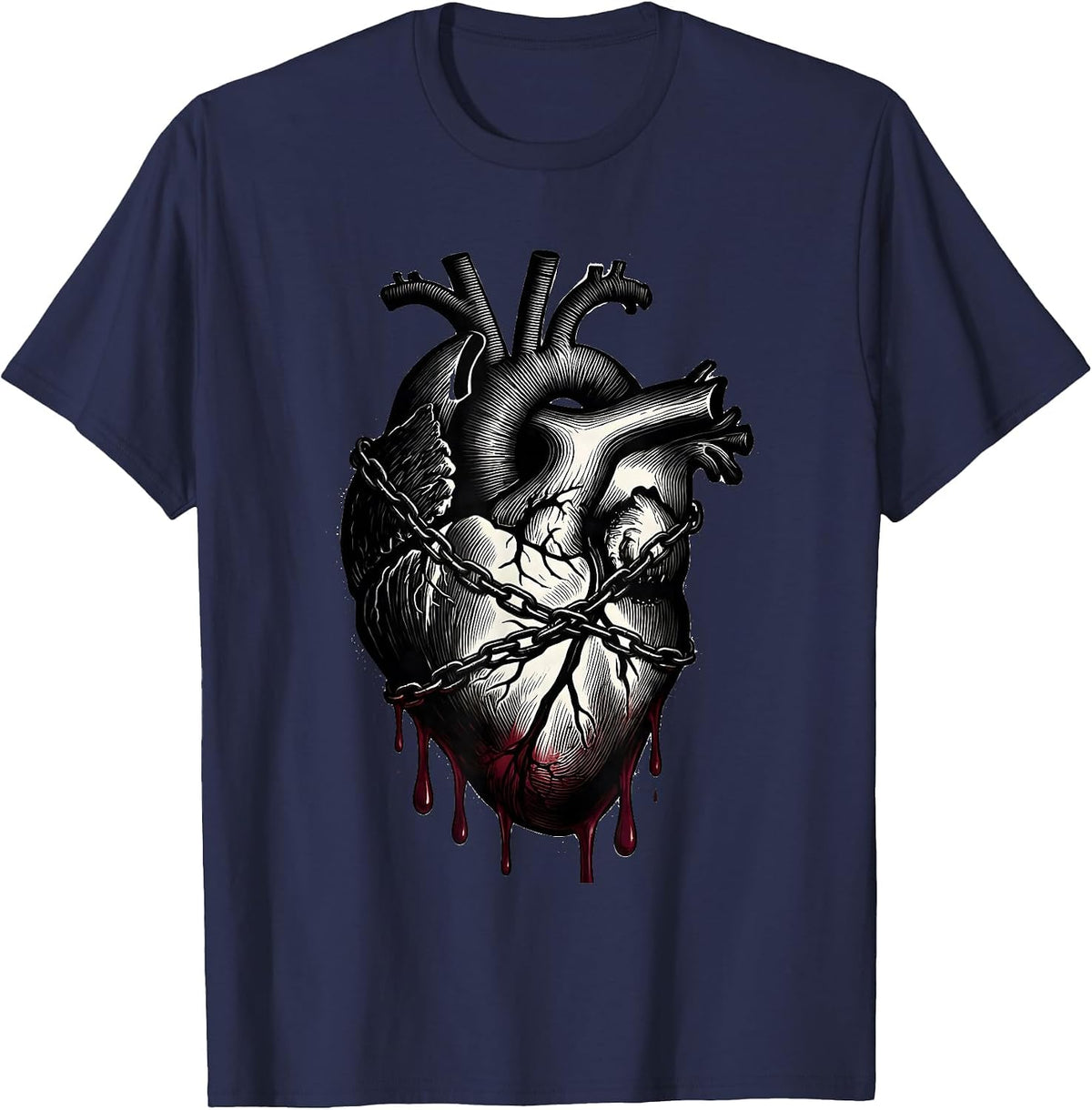 Dripping Bleeding Heart Wrapped in Chains Graphic T-Shirt - Navy Blue
