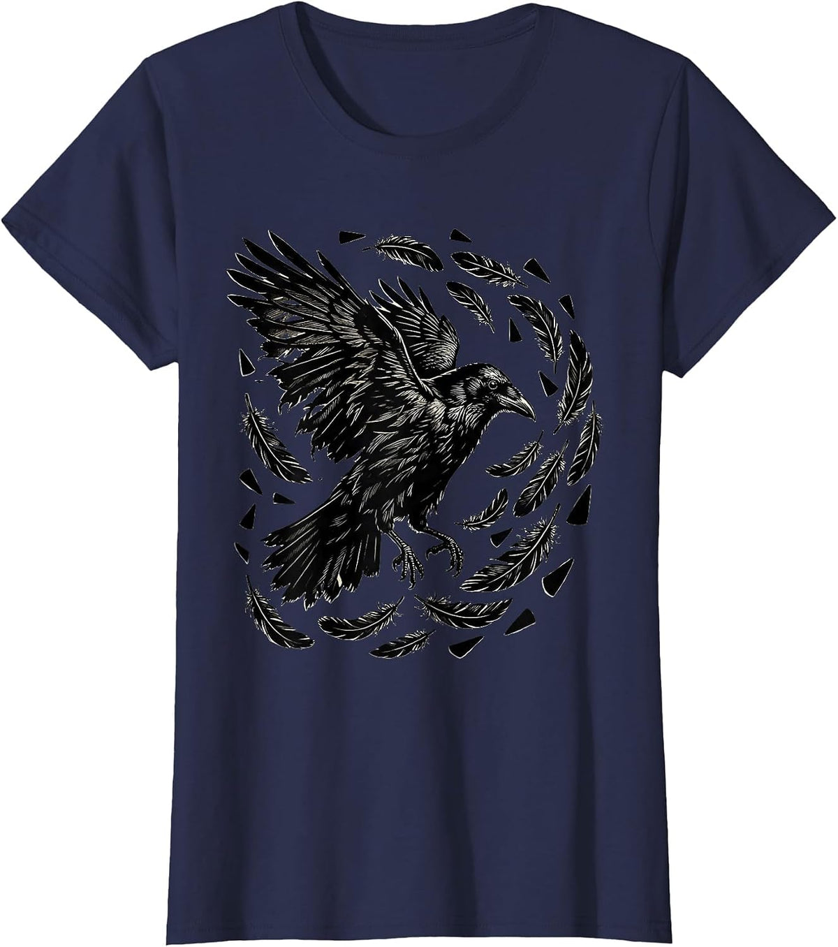 Women's Crow Molting Feathers Scattering in the Wind T-Shirt - Navy Blue