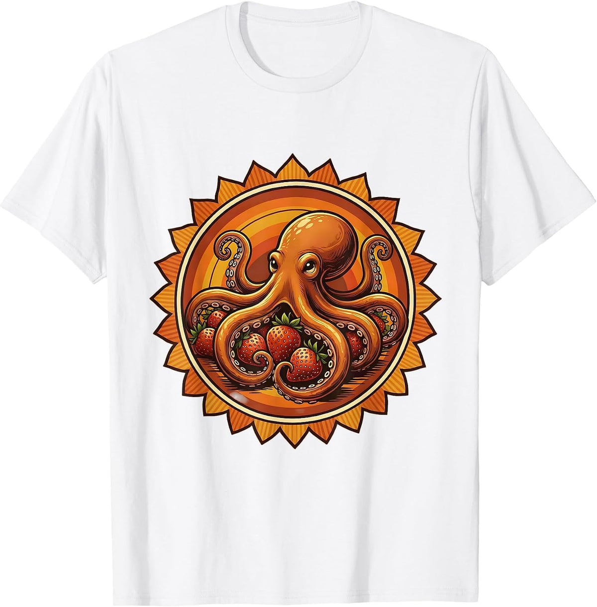Octopus Hugging Strawberries Cute Fruit Art T-Shirt - White