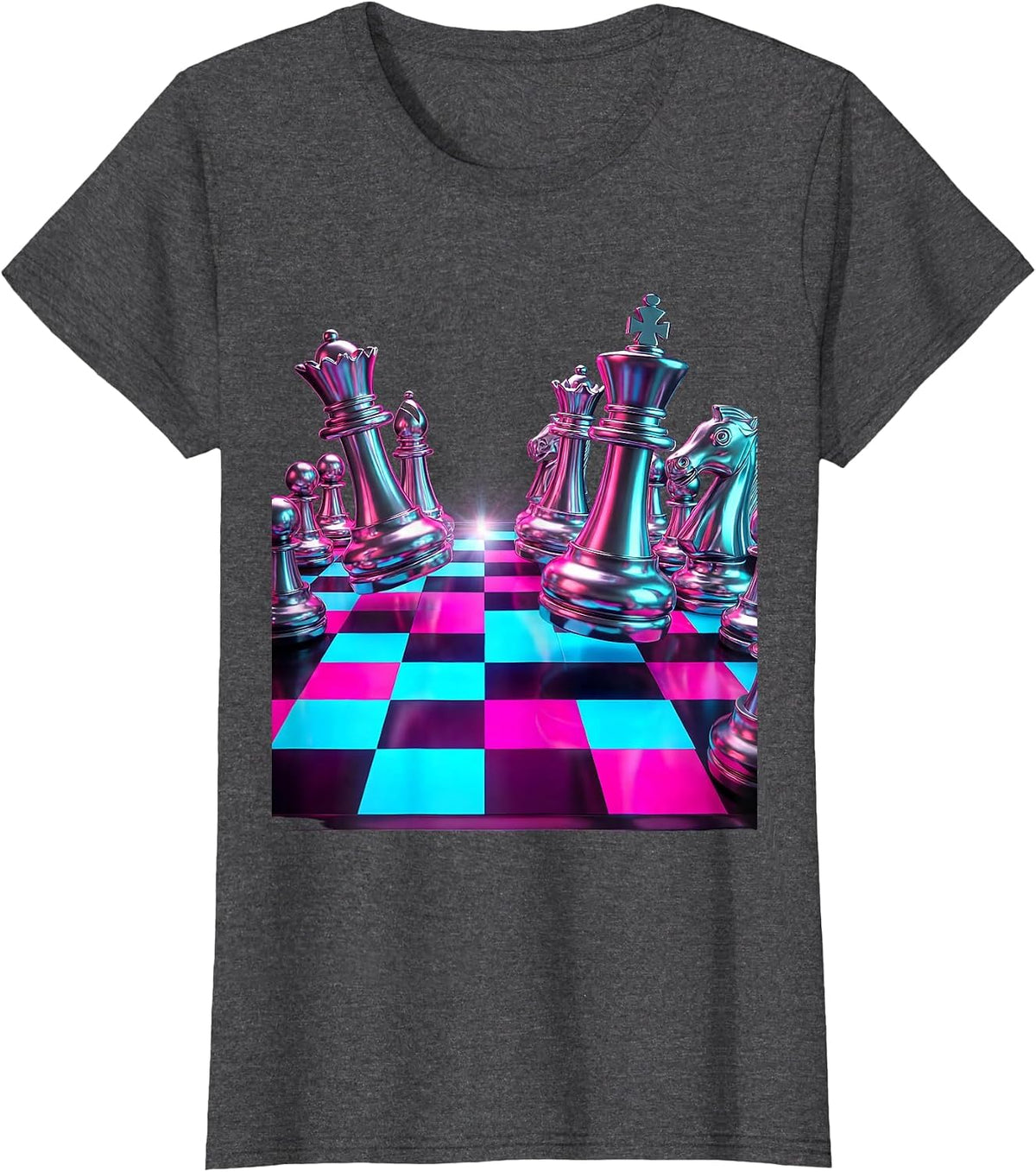 Women's Chess Pieces Scattered Checkered Board Graphic T-Shirt - Dark Heather Grey