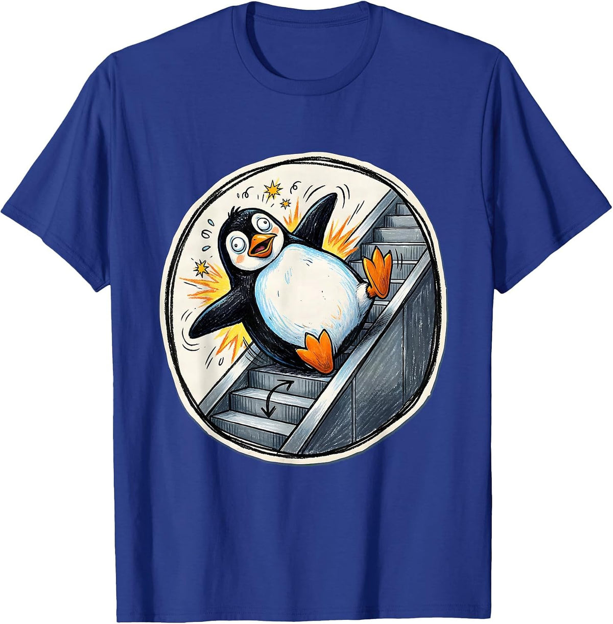 Funny Penguin Escalator Fail Graphic Design T-Shirt - Royal Blue