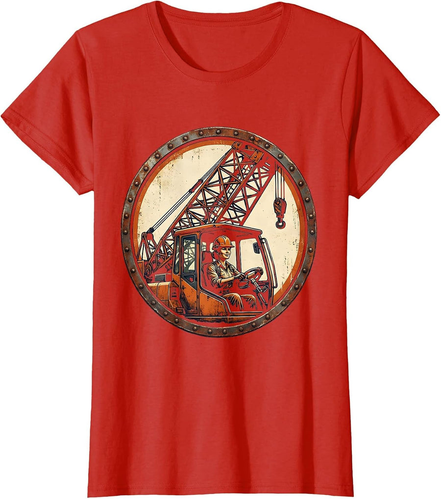 Women's Construction Crane Operator Illustration T-Shirt - Red