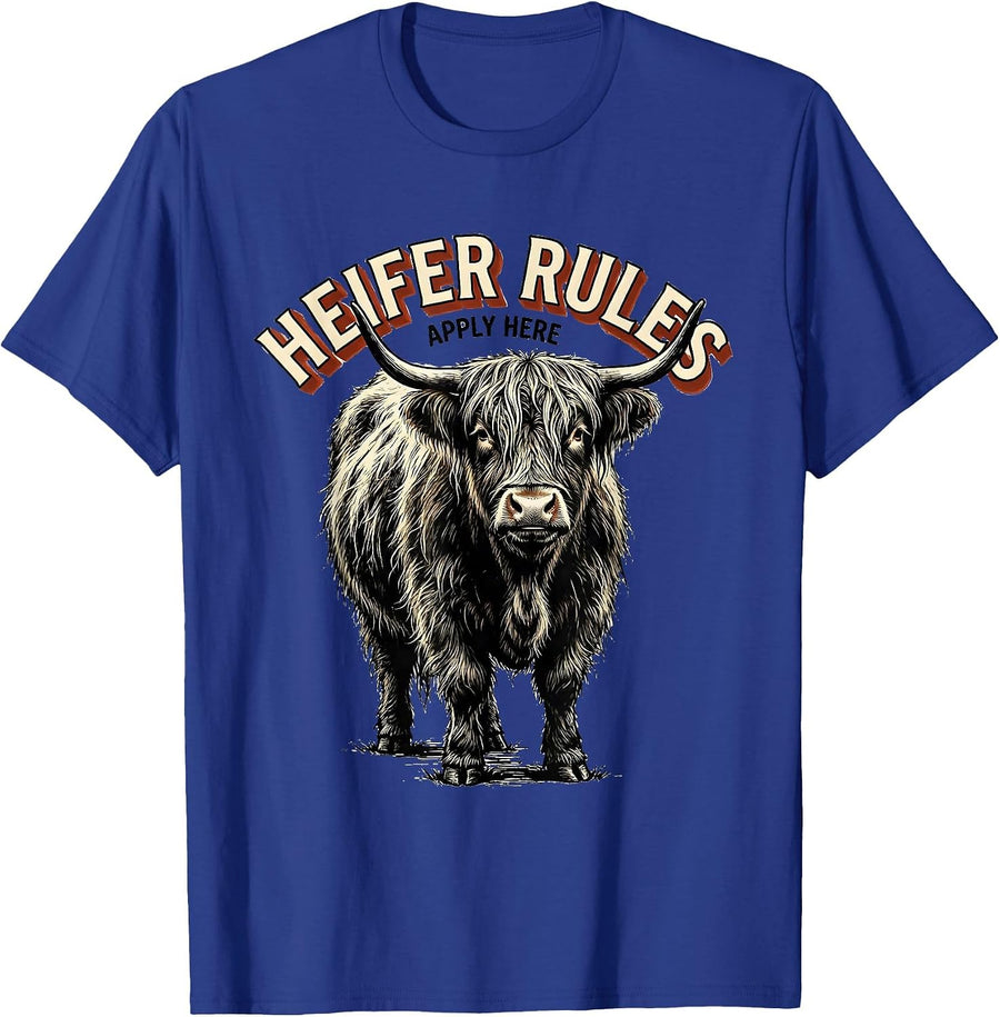 Heifer Rules Apply Here Funny Highland Cow Sassy Cute Humor T-Shirt - Royal Blue