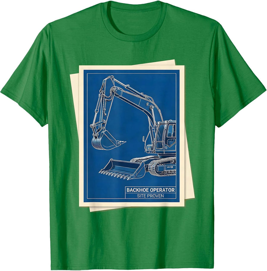 Men's Backhoe Operator Site Proven Technical Blueprint Heavy T-Shirt - Kelly Green