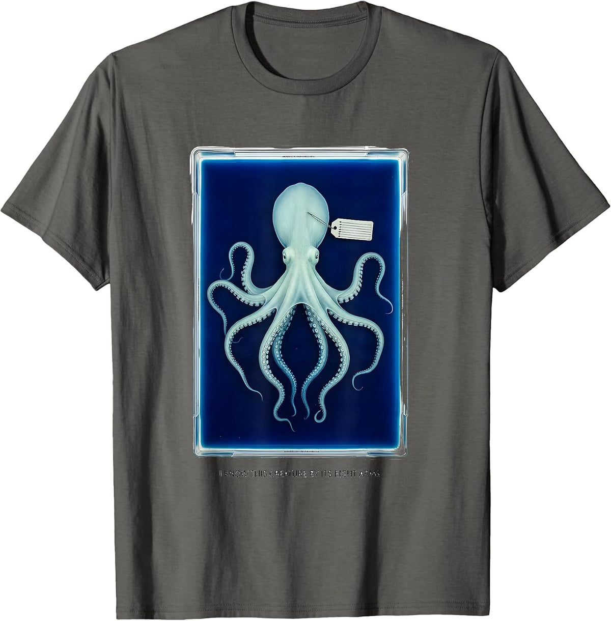 I Know This Creature By Its Eight Arms Cyanotype Octopus T-Shirt - Asphalt Grey