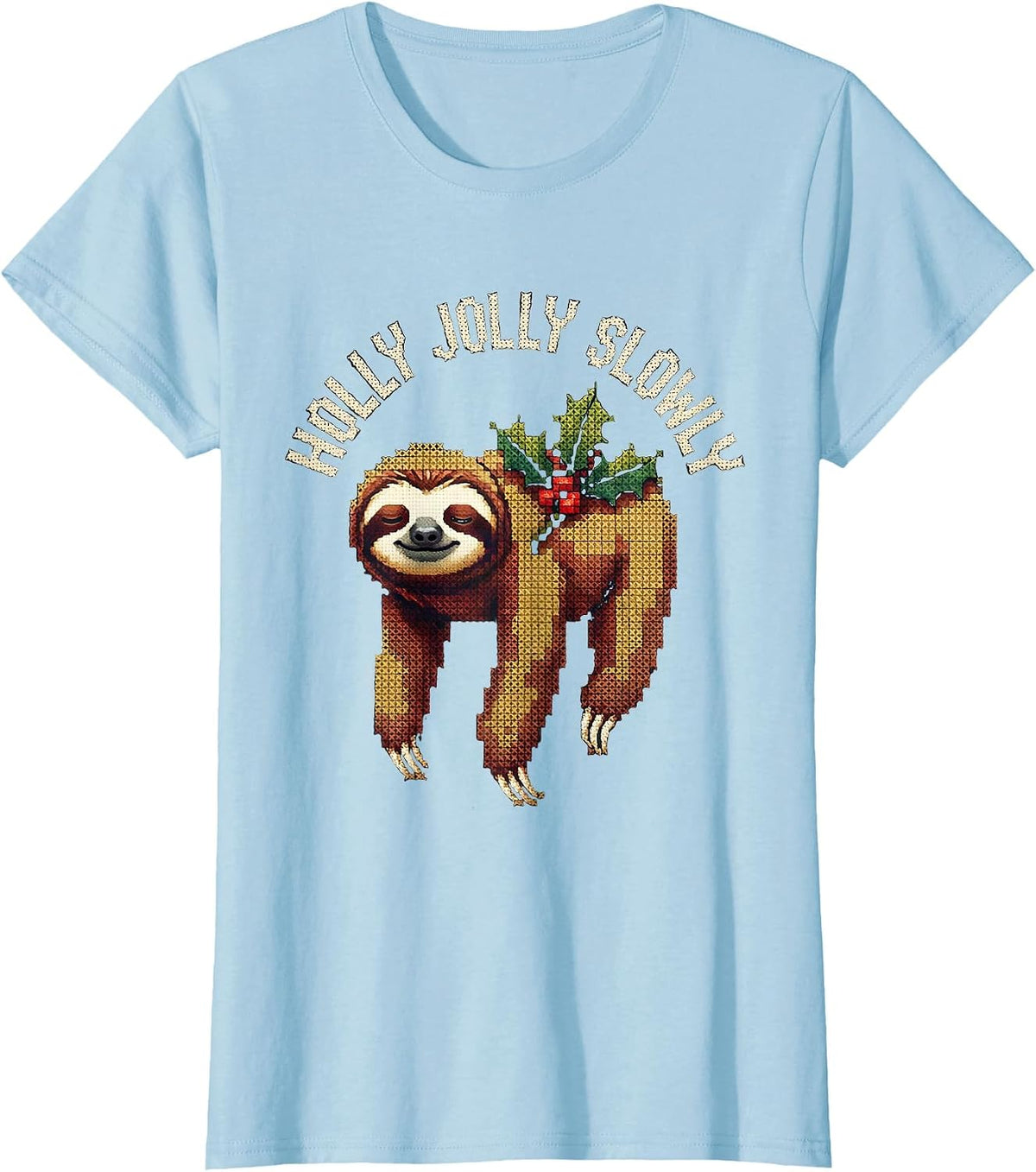 Holly Jolly Slowly Cross Stitch Sampler Sloth Lover T-Shirt - Baby Blue
