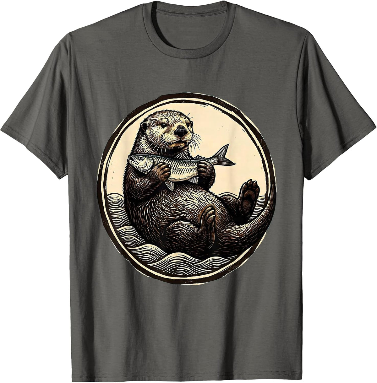 Men's Otter Floating on Back Holding Fish Illustration T-Shirt - Asphalt Grey