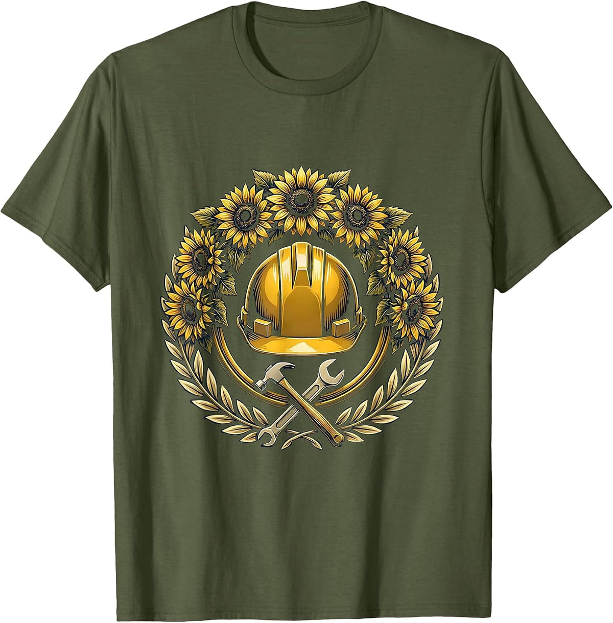 Labor Day Hard Hat Sunflower Wreath Illustration T-Shirt - Olive Green